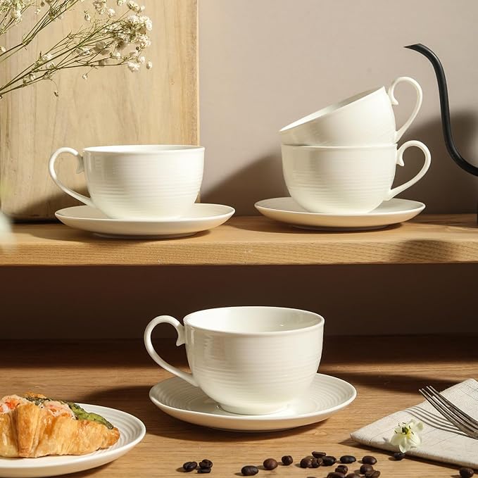 12 oz Cappuccino Cups with Saucers, Ceramic Espresso Coffee Cups Set of 4, White Latte Cup and Saucer, Elegant Tea Mugs Set, Microwave Dishwasher Safe Drinkware for Cafe, Housewarming Gift