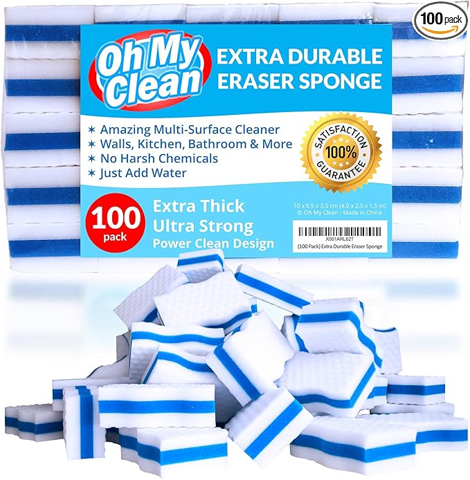 (100 Pack) Extra Durable Eraser Sponge – Extra Thick, Long Lasting Magic Melamine Cleaning Sponges in Bulk – Foam Pads for Walls, Kitchen, Bathroom, Floor & Baseboard Cleaner