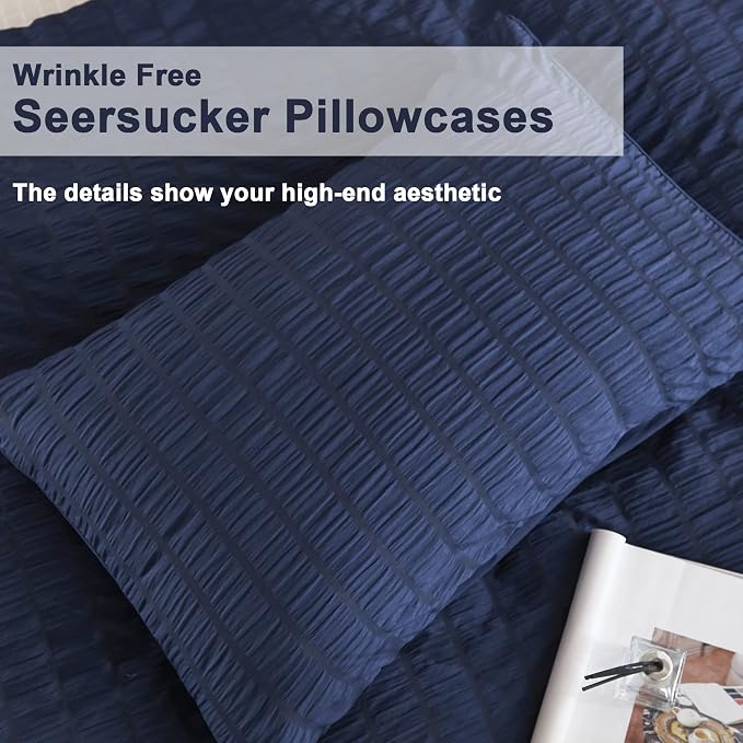 AveLom Navy Blue Duvet Cover King (104 x 90 inches), 3 Pieces (1 Duvet Cover + 2 Pillow Cases), Seersucker Textured Ultra Soft Washed Microfiber, Textured Duvet Cover with Zipper Closure, Corner Ties