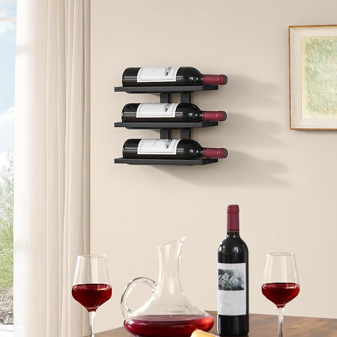 Hoctieon 3 Tier Wall Mount Wine Rack, Wall Racks for Wine Bottles Display and Storage, Hanging Bottle Organizer for Living Room, Dining Room, Wine Cellar, Bar, Black