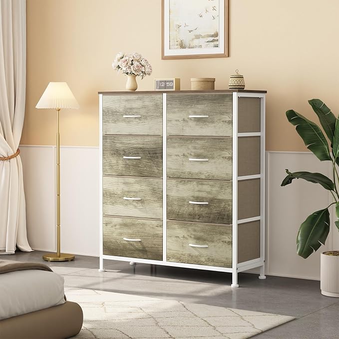 OLIXIS 8 Drawer Storage Dresser with Wood Top - Wide Fabric Chest Organizer for Bedroom, Closet, Living Room,Tower Cabinet, TV Stand, Hallway Entryway Furniture,Oak Greige