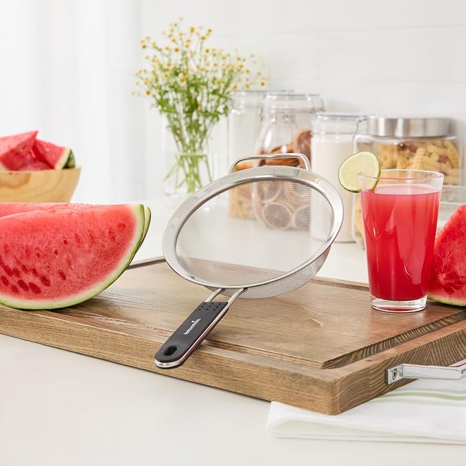 Restaurantware Fine Mesh Strainer 1 Count 14.4" x 7" x 2.9" with Silicone Handle Stainless Steel Extra Fine Mesh Strainer Heat-Resistant Handle Dishwasher-Safe for Rice, Quinoa, Pasta