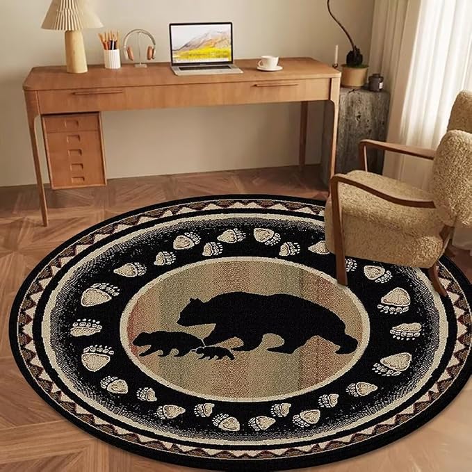 Empire Bear Cabin Round Rug for Living Room Black Entryway Rugs Apartment Decor Vintage American Country Style Floor Carpets 6ft