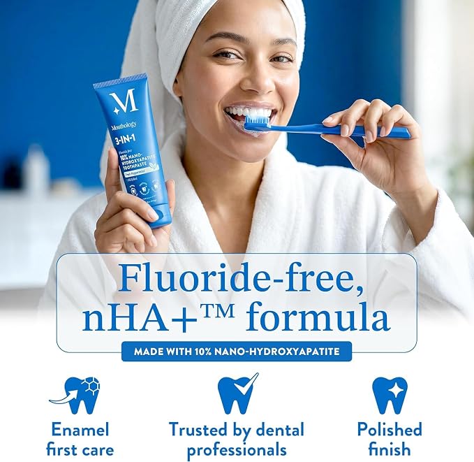 Mouthology 10% Nano Hydroxyapatite Toothpaste Fluoride Free, Whitening*, Rod Shaped nHA, Xylitol Toothpaste for Adults, Enamel Care*, Sensitive Teeth*, SLS Free, Mint 4oz (USA Made) Package May Vary