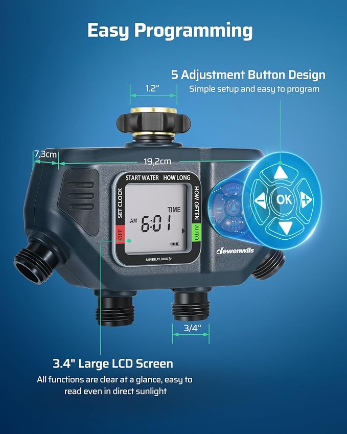 DEWENWILS Sprinkler Timer 4 Zone, Water Timer for Garden Hose with Rain Delay/Manual/AUTO Irrigation, Programmable Outdoor Faucet Hose for Yard, Lawn