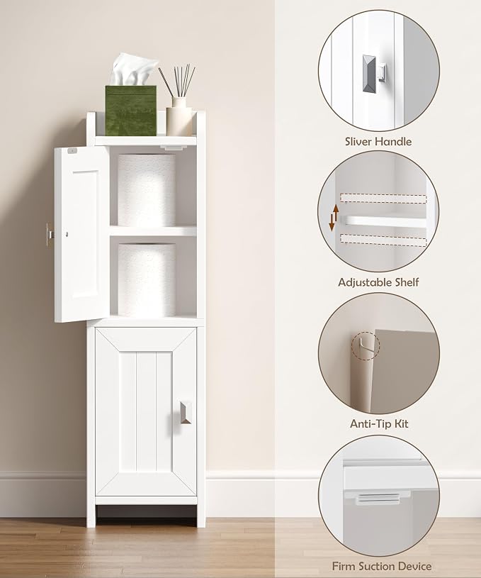 Akxomel Small Bathroom Cabinet Narrow Toilet Paper Organizer White | 7.9''D x 7.9''W Bathroom Organizer and Storage Cabinet for Small Space, Slim Corner Unit with Adjustable Shelf