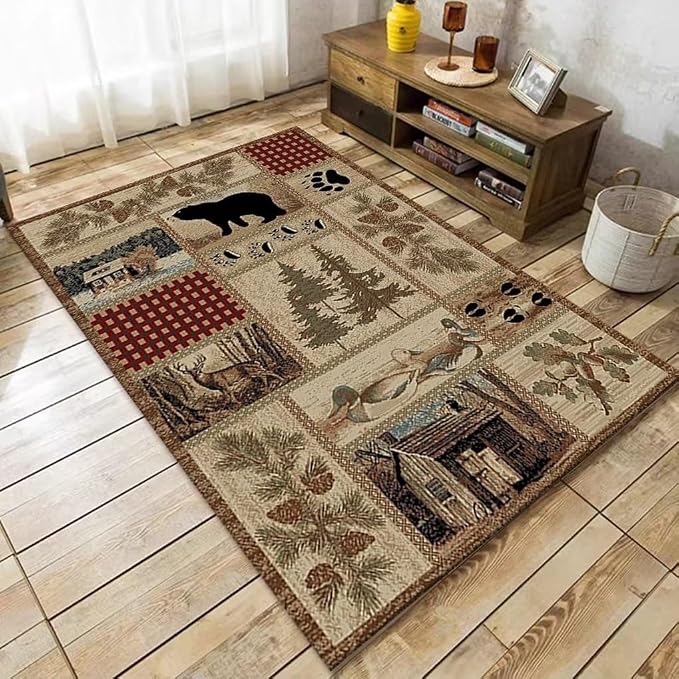 Cabin Moose Deer Rugs 3x5 Feet Rustic Bear Area Rug for Hallway Laundry Room Bathroom Non-Slip Lodge Bear Indoor Decorative Carpet