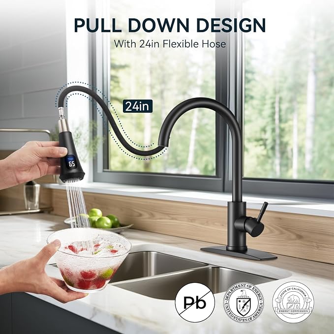 FORIOUS Black LED Kitchen Faucet with Pull Down Sprayer, High Arc Single Handle Modern Stainless Steel Sink Faucet with Temperature Digital Display, Suitable for Farmhouse Camper Rv Bar