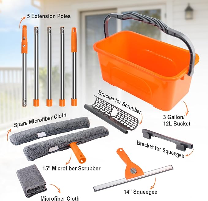 Window Cleaning Kit with Bucket 3 Gallon & 76" Squeegee Scrubber | Professional Window Washing Equipment with Long Handle, Compelete Window Cleaner Tools for Home Outdoor Commercial Car