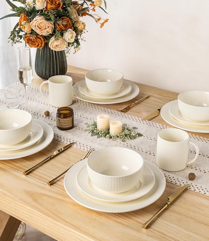 TheTerra Ceramic Dinnerware Sets for 6, 18 Pieces Porcelain Lightweight Plates and Bowls Sets, Scratch Resistant Dish Set, Oven, Microwave & Dishwasher Safe, Ivory