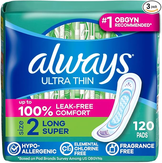 Always Ultra Thin Feminine Pads Without Wings for Women, Size 2, Long Super Absorbency, Unscented, 40 Count x 3 Pack (120 Count Total) (Packaging May Vary)