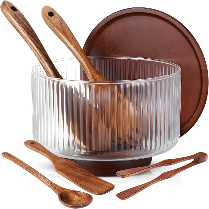 Large Glass Salad Bowl Set, Ribbed Salad Bowl with Wood Base and Lid As Cheese Charcuterie Board and Plate, Comes with 5 Pieces of Wood Serving Utensils for Kitchen Party(7.9" X 5.5")