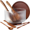 Large Glass Salad Bowl Set, Ribbed Salad Bowl with Wood Base and Lid As Cheese Charcuterie Board and Plate, Comes with 5 Pieces of Wood Serving Utensils for Kitchen Party(7.9" X 5.5")