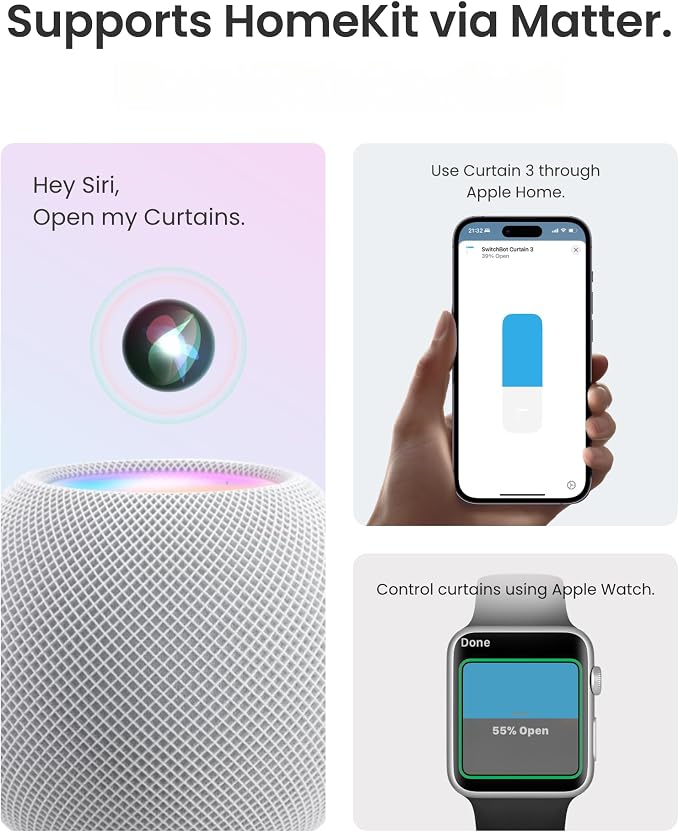 SwitchBot Automatic Curtain Opener - Bluetooth Remote Control Smart Curtain with App/Timer, Upgraded High-Performance Motor, Add Hub to Work with Alexa, Google Home, HomeKit