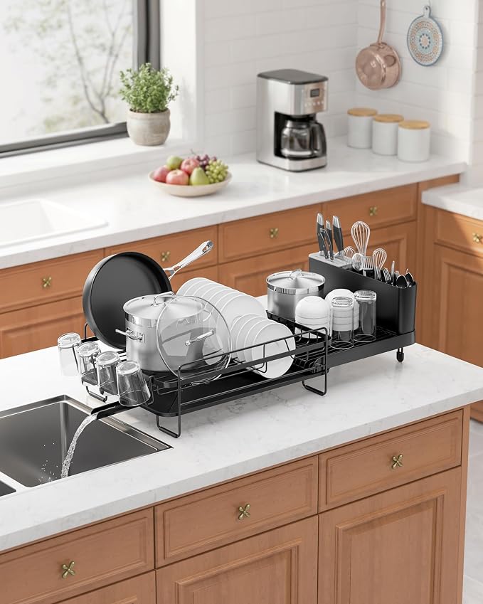 Kitsure Large Dish Drying Rack - Extendable Dish Rack, Multifunctional Dish Rack for Kitchen Counter, Anti-Rust Dish Drainers with Cutlery & Cup Holders 19.2"-26.7" L x 12.9" W, Black