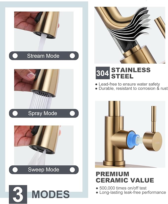 Kitchen Faucet and Water Filter Faucet Combo, WOWOW Stainless Steel Kitchen Sink Faucet with Drinking Water Faucet for Reverse Osmosis or Water Filtration System, Brushed Gold
