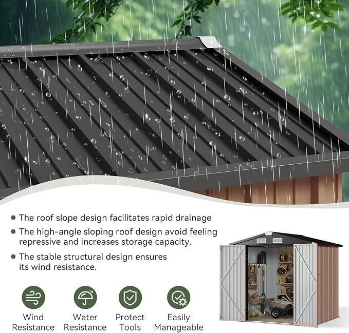 Aoxun 6.2x4 FT Shed Outdoor Storage Shed, Brown | Metal Shed with Lockable Doors & Slooping Roof Garden Tool Shed for Backyard, Patio, Poolside