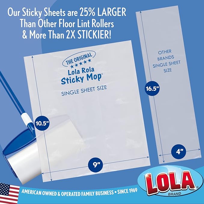 LOLA Rola PET Hair Remover Sticky Mop, Giant Floor Lint Roller, 9" x 3.5", Extender Handle, Largest Head, Traps Hair, Dust, Dirt, Extra Sticky Sheets