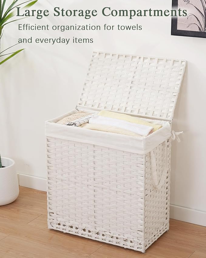 SETVSON Laundry Hamper with Lid Wicker Laundry Basket, White | Decorative Furniture Look for Bathroom & Bedroom, 3-Section Large Wicker Hamper, 3 Cloth Bags, 6 Mesh Bags Included