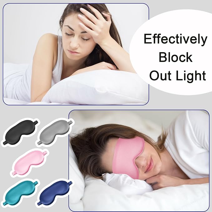 Newcotte 50 Pcs Silk Sleep Eye Mask for Sleeping Adjustable Elastic Strap Blackout Smooth Soft No Pressure Eye Covers for Women and Men Comfortable Blindfolds (Black, Gray, Green, Pink, Navy Blue)