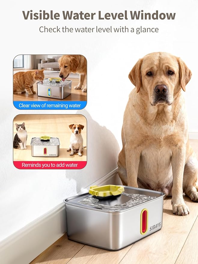 SIBAYS 4Gal/15L Stainless Steel Large Dog Water Fountain, Ultra Quiet Automatic Pet Water Fountain, Dog Water Bowl Dispenser with Water Level Window and LED Light, Easy to Clean(FS78, Silver-Yellow)
