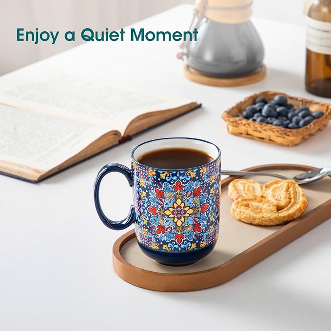 vancasso Simi Boho Coffee Mugs Set of 6, 14 oz Ceramic Mugs with Handle, Colorful Porcelain Cups Microwave Dishwasher Safe, for Latte Tea Cappuccino Cocoa Hot Chocolate