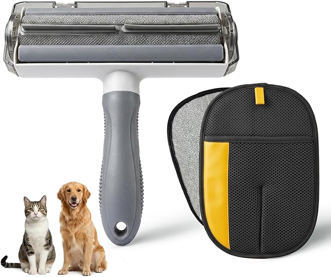 A&O Pet Hair Remover Set for Cats & Dogs – Grooming Gloves & Reusable Lint Roller Combo – Dog Cat Fur Remover for Furniture, Couch, Carpet, Clothes & Car Seats – Washable Electrostatic Deshedding Tool