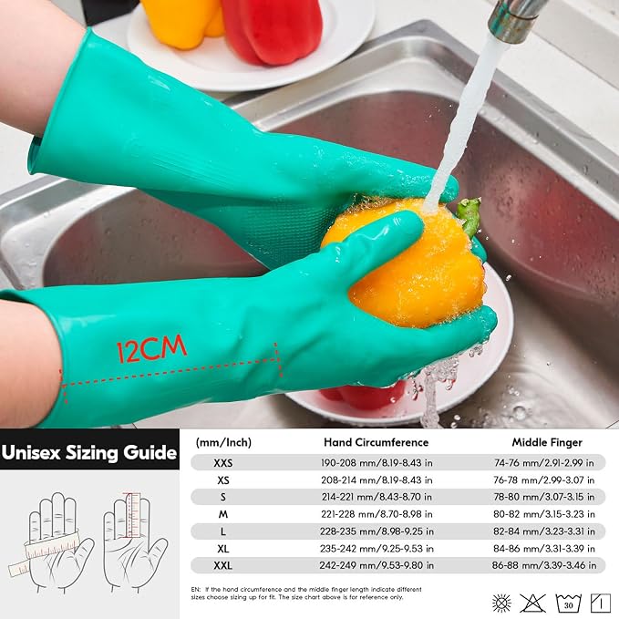 Vgo... 2-Pairs Reusable Household Gloves, Rubber Dishwashing gloves, Extra Thickness, Long Sleeves, Kitchen Cleaning, Working, Painting, Gardening, Pet Care (Size M, Green, HH4601)