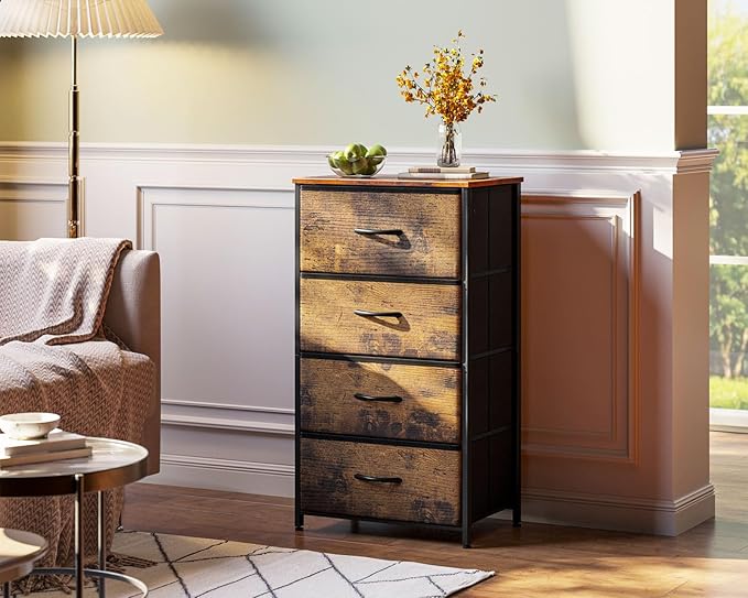 AODK Small Dresser for Bedroom with 4 Storage Drawers, Vintage | Dressers Chest of Drawers Fabric Dresser with Sturdy Steel Frame, Dressers for Closet with Wood Top