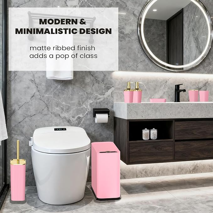 XLHOMO 9-Piece Pink Bathroom Accessories Set - Cute & Functional Set with Slim Trash Can, Soap Dish & Jars - Ideal Gift for Girls, Dorm Room & Modern Vanity Decor