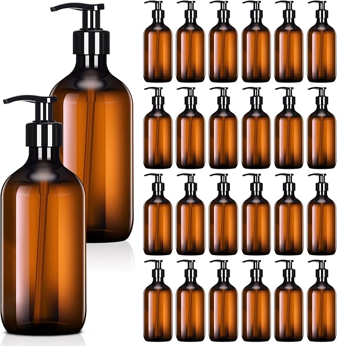 Tessco for you 24 Pcs Amber Soap Dispenser 17 oz Empty Plastic Pump Bottles Refillable Shampoo Container for Hand Sanitizer Soap Lotion Body Wash Conditioner Bathroom Travel