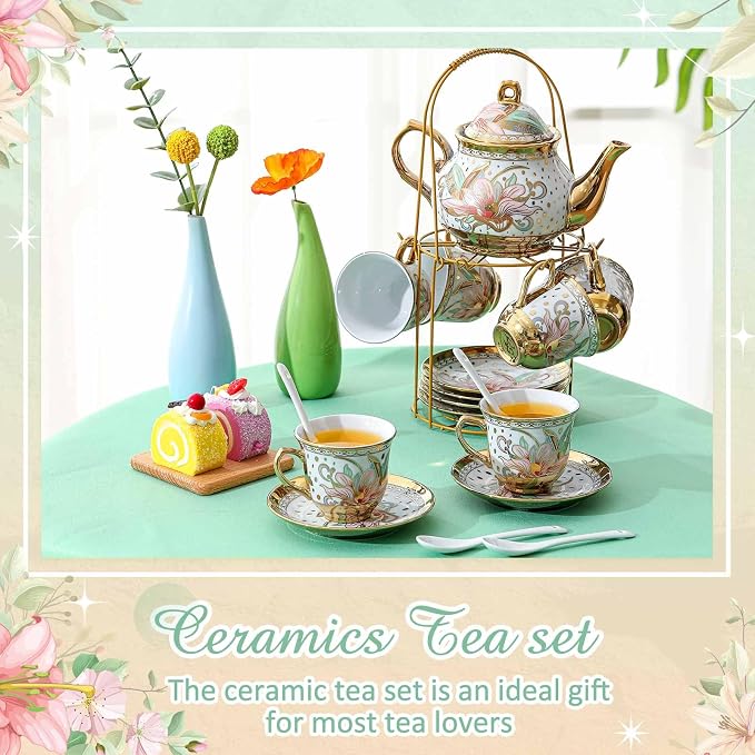 Zhehao 20 Pcs Porcelain Tea Set with Metal Holder and Spoon Adult Ceramic Tea Set European Flower Painting Teapot Cup Saucer Spoon for Women Mom Gift, Large Version (Traditional Style)