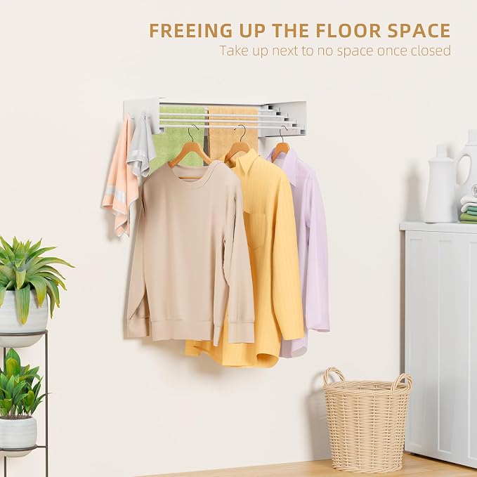 ZMBESUP Upgrade Small Wall Mounted Drying Rack with 4 Hooks, 23.6" Compact Foldable Laundry Rack for Apartment, Space Saving Collapsible Design, Includes Template for Small Bathroom & Balcony (White)