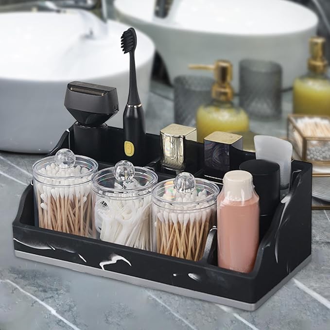 Bathroom Counter Organizer Toothbrush Holder Durability Home Use 5 Compartments Resin with 3 Qtip Holder Toothbrush Organizer (Black)