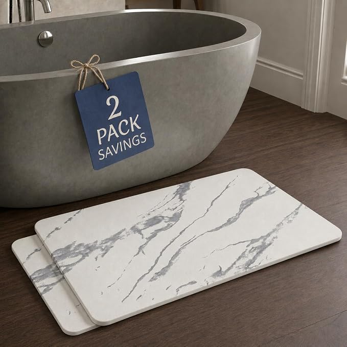 Stone Bath Mat – Diatomaceous Earth Quick Drying Non-Slip Bathroom Mat – Absorbent Diatomite Shower Mat, Durable & Easy to Clean, Modern, 23.6" x 15.3" (2 Pack White Marble)