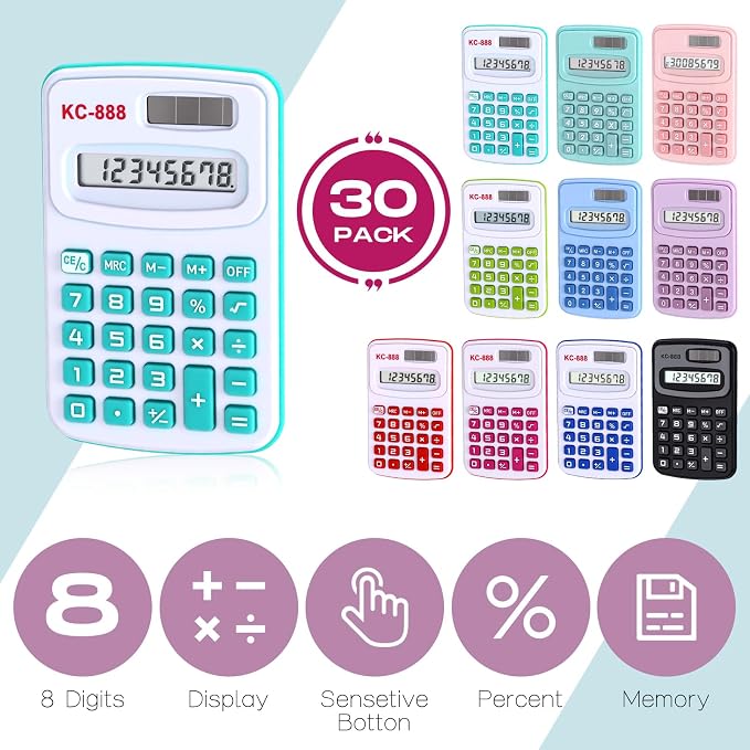 Flutesan 30 Pack Pocket Calculator Small Battery Powered Bulk Mini Size 4 Function Hand Held Basic Calculator for Students Kids School Home Office(Red, Blue, Green, Black, Pink, Purple)