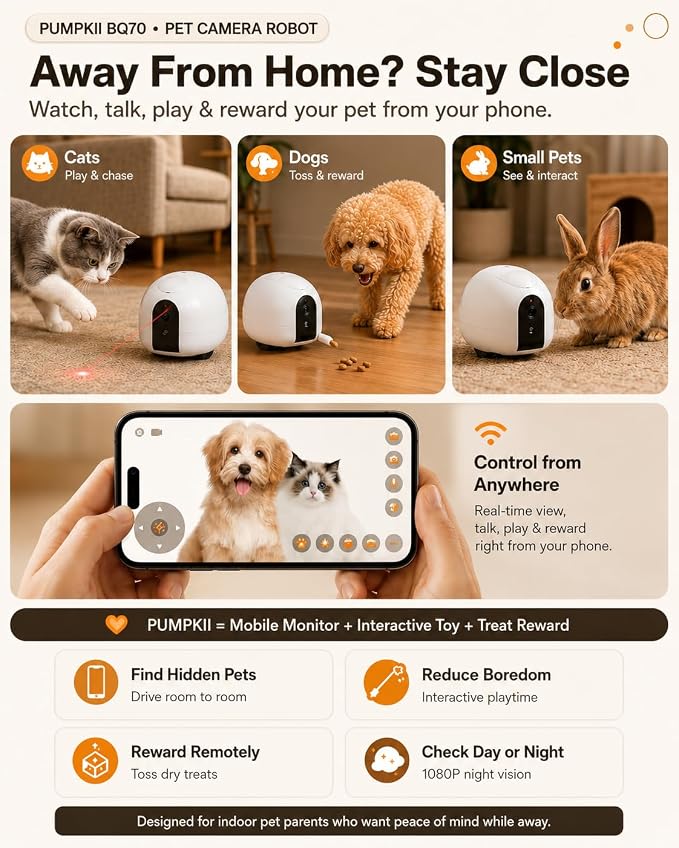 Pet Camera Robot with Treat Dispenser, Moving Cat Camera for Cats & Dogs, Remote Control Pet Monitor with 1080P HD Video, Two-Way Audio, Night Vision, Laser Toy, Auto Recharge & App Control