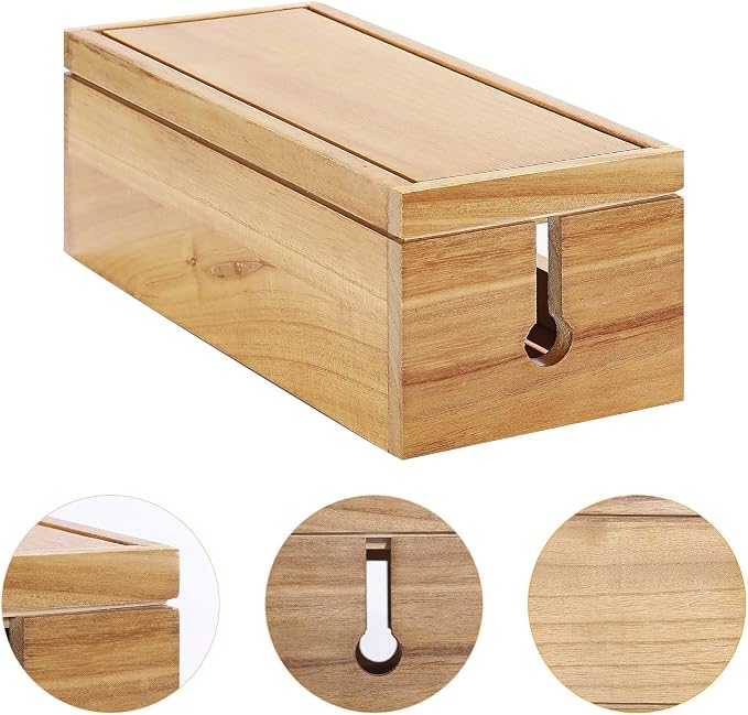 Changsuo Cable Management Box Wooden Cord Organizer Box for Extension Cord Power Stripe Surge Protector Wire Management Concealer Organizer Cover Hider for Desktop Home Office Kitchen (Light Natural)