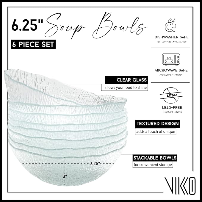Vikko Soup Bowls, 6.5 Inch Salad Bowls, Glass Soup Bowls, Elegant Textured Glass Bowls, Set of 6, Dishwasher Safe