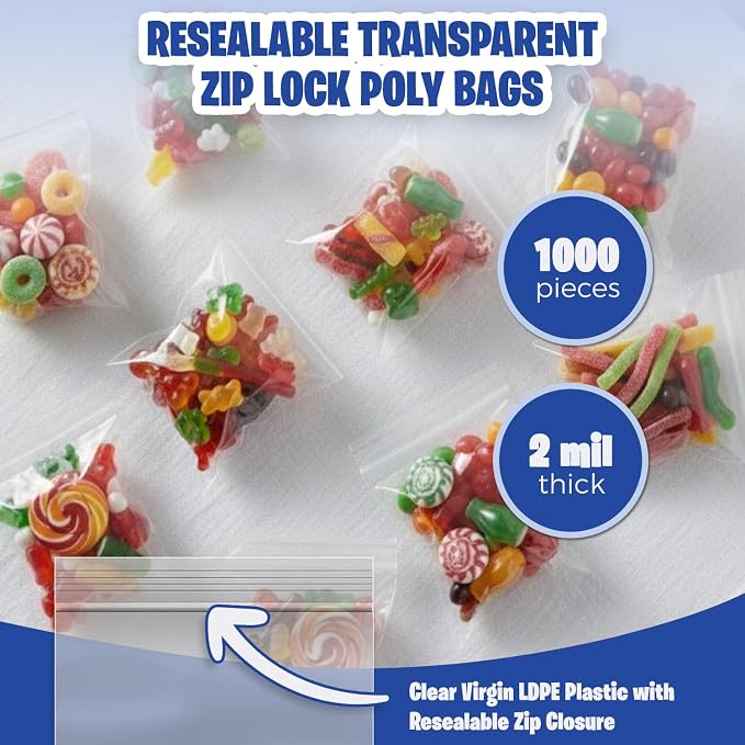 Seal Fresh 3 x 4 Inch Resealable Plastic Bags 1000 Pack — Clear Reclosable Zipper Seal Bags for Jewelry, Beads, Small Parts, Crafts, Hardware