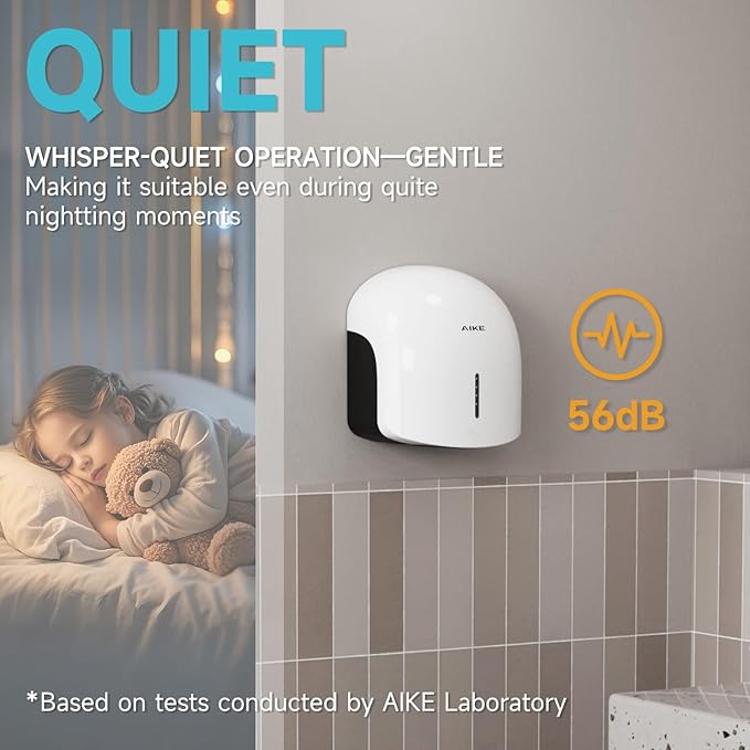 AIKE GentleAir Warm Hand Dryer,Low Noise Perfect for Home Bathrooms,White Cover AC110V-130V,Model AK2637