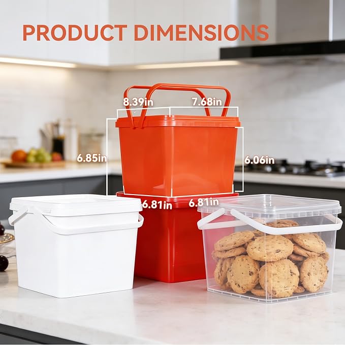 Bucket with Lid - 4 Packs Square Clear Plastic Storage Containers, Food Safe with Handle, Airtight Pressure Lids for Kitchen & Home (Mixed Colors, 1.3 gal)