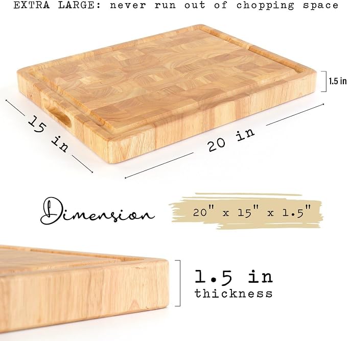 End Grain Cutting Board, Extra Large & Thick, End Grain Built-In Compartment and Juice Canal, Heavy Duty Chopping Board, Thick Carving Board for Bread Fruits Meat (20x15 Inches)