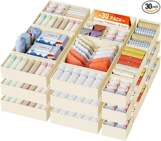 DIMJ Drawer Organizer Clothes, 30 Pack Dresser Organizer, Foldable Closet Organizers and Storage, Fabric Dresser Bins, Drawer Dividers for Nursery, Baby Clothes, Underwears, Sock,Beige