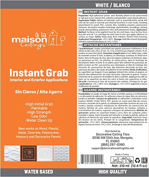 À LA MAISON CEILINGS Instant Grab - Ceiling Tile, Wall Panel & Crown Molding Adhesive - High-Strength, Water-Resistant Glue for Indoor/Outdoor Use - Easy-Apply, Quick-Bond Formula (24-Pack)