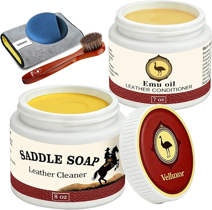 Leather Boot Care Kit, Emu Oil, Saddle Soap for Leather, Professional Leather Cleaner & Conditioner for Horse Tack, Shoes, Bags, Couch, Cowboy & Wood, Deep Clean Moisturize, Repair & Nourish
