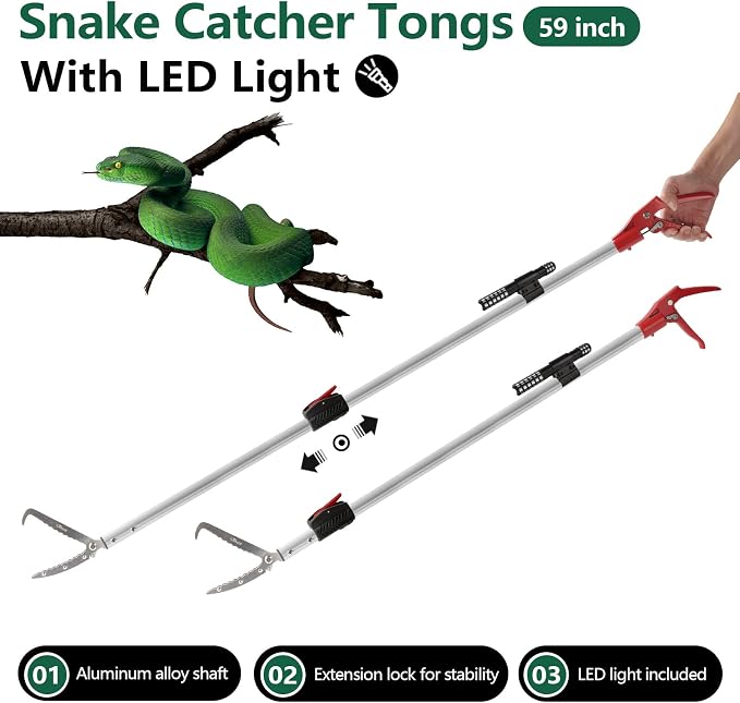 Snake Catcher Tongs Grabber Rattle Heavy Duty | with 43 inch to 59 inch Telescopic Pole