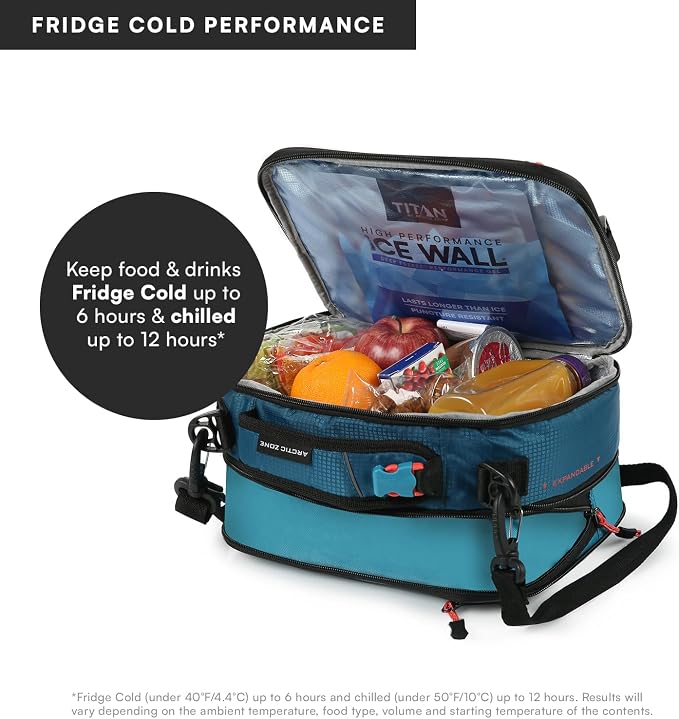 Titan High Performance Fridge Cold Expandable Insulated Lunch Box - Blue | Durable, insulated lunch bag with leak proof, easy clean lining, keeps food fridge cold up to 6 hours, for adults and kids