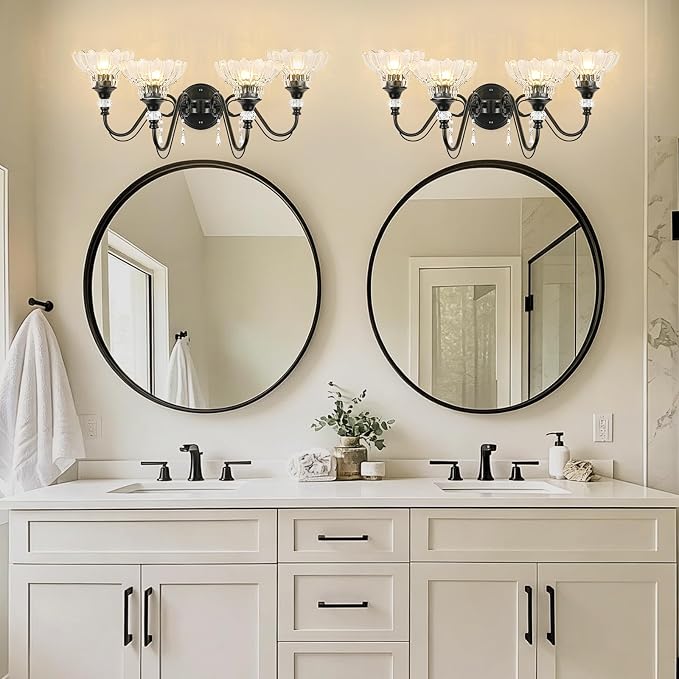 Black Bathroom Vanity Light, 4-Light Matte Black Finish Farmhouse Wall Sconce with Hanging Crystal Accents and Flower-Shaped Clear Glass Shades, Retro Wall Mount Vanity Light Over Mirror for Bathroom
