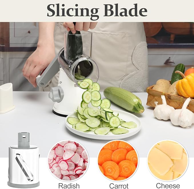 Cambom Rotary Cheese Grater Hand Crank Cheese Shredder for Fresh Cheese, Vegetable, Nuts,Non-slip Suction Base, Five Blades, White